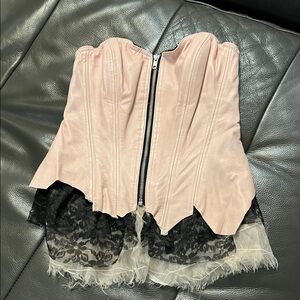 Pink Strapless leather Corset Top with Black Lace